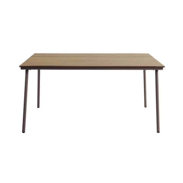 Moderner rechteckiger Gartentisch mit Tischplatte in Holzoptik und vier schlanken Metallbeinen.