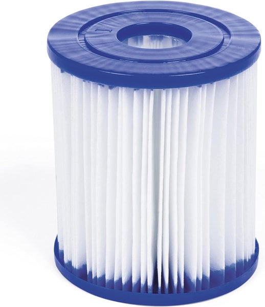 Filterkartusche für Pool-Filteranlagen, zylindrisch, mit weißem gefaltetem Filtermedium und blauen Kunststoffkappen.