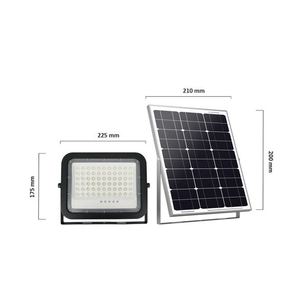 Solarstrahler mit den Maßen 175 mm x 225 mm und Solarpanel mit den Maßen 200 mm x 210 mm.