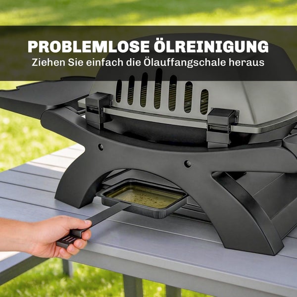 Tragbarer Gasgrill mit herausnehmbarer Fettauffangschale für eine einfache Reinigung.