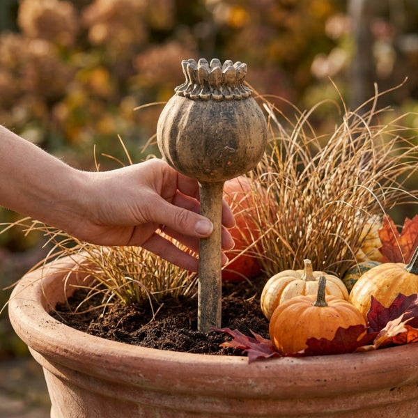 Eine Hand platziert eine dekorative Mohnkapsel aus Steinguss in einem herbstlich dekorierten Tontopf mit Zierkürbissen und Ziergras.