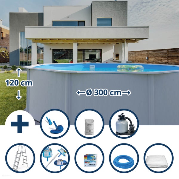 Rundpoolset mit Pool, Leiter, Filtersand, Sandfilteranlage, Reinigungszubehör und Starterset