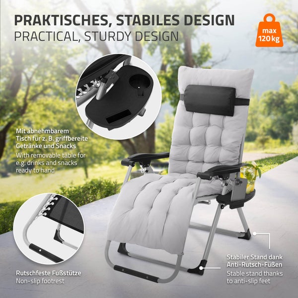 Hauki 2er Set Sonnenliege klappbar, Grau, Liegestuhl mit Polster, Nackenkissen & Getränkehalter, Extra groß Gartenliege wetterfest, Zero Gravity Stuhl, Outdoor Relaxliege, Gartenstuhl mit Rückenlehne
