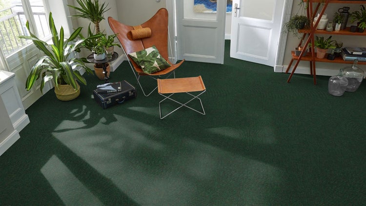 Dunkelgrüne Teppichfliesen in einem hellen Wohnzimmer mit Lederstuhl, Pflanzen und natürlichem Lichteinfall.