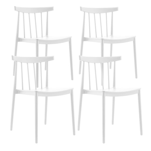 Set aus vier weißen Stühlen mit Sprossenlehne aus Kunststoff für den Innen- und Außenbereich.
