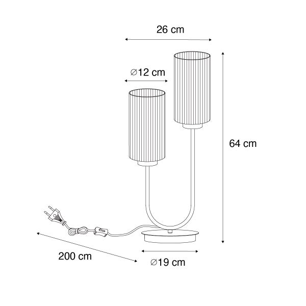 Technische Zeichnung einer Tischleuchte mit zwei Leuchten und Maßangaben