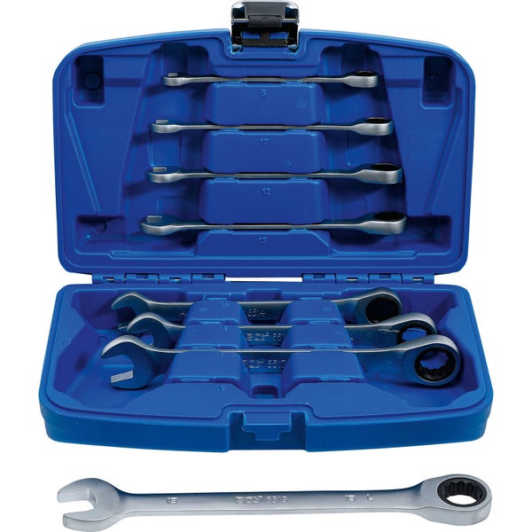 Ratschenschlüssel-Set mit offenem Ringmaulschlüssel in blauem Kunststoffkoffer