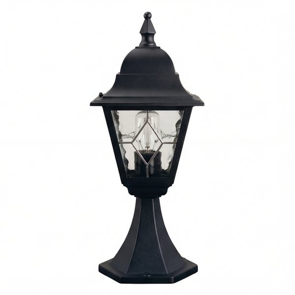 Schwarze Sockelleuchte mit klarem, strukturiertem Glas für den Außenbereich