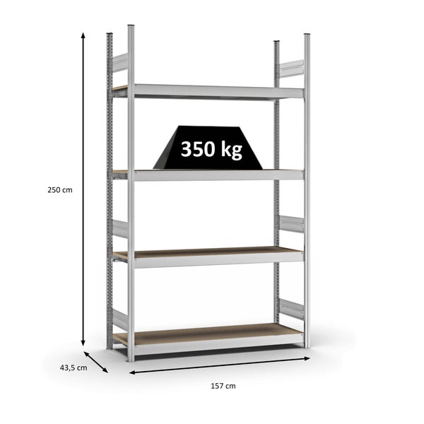 PROREGAL Weitspannregal Stecksystem T-Profil Grundregal HxBxT 250x150x40 cm 4 Ebenen Spanplatten Fachboden Fachlast 350 kg Verzinkt