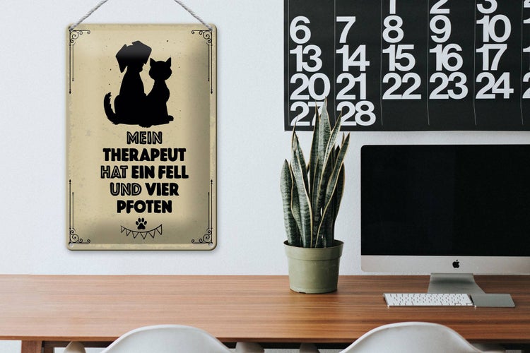 Blechschild Spruch Tiere Mein Therapeut hat 4 Pfoten 20x30cm