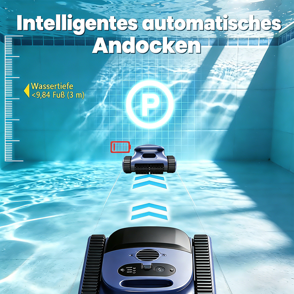 Poolroboter unter Wasser beim intelligenten automatischen Andocken an den Beckenrand bei niedrigem Akkustand in bis zu 3 Metern Wassertiefe.