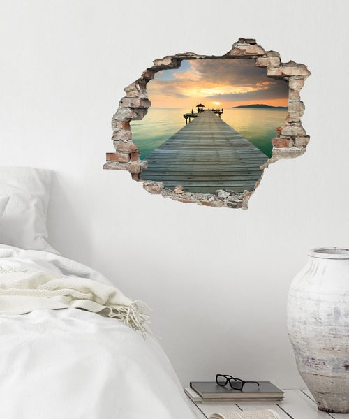 3D Wanddurchbruch selbstklebender Sticker Steg ins Wasser WS0947_60x50 cm