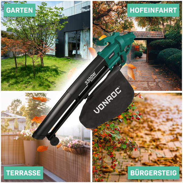 VONROC Laubsauger Elektro 3300W - Laubsammler 3 in 1 Funktion - Blasen 270km/h, Saugen, Zerkleinern - Inkl. 40l Sammelbeutel