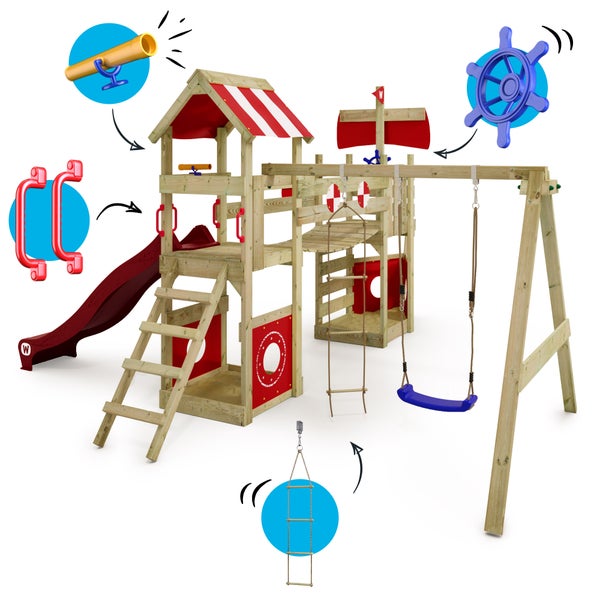 WICKEY Spielturm Klettergerüst StormFlyer mit Schaukel und Rutsche, Baumhaus mit Sandkasten, Kletterleiter und Spiel-Zubehör - rot