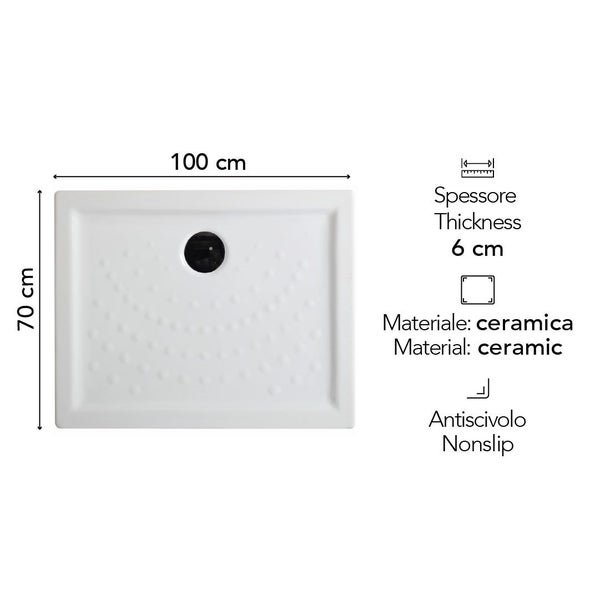 Rechteckige Duschwanne aus Keramik, 100 mal 70 Zentimeter, Stärke 6 Zentimeter, rutschhemmende Oberfläche.