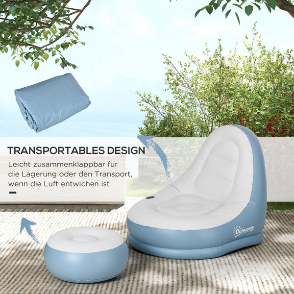 Outsunny Aufblasbares Sofa, Aufblasbarer Sessel mit Fußhocker Luftsofa mit Becherhalter, für Camping, Zuhause, Weiß, 125 x 100 x 87 cm