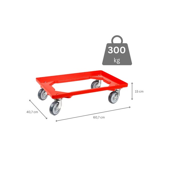 PROREGAL SparSet 6x Transportroller für Euroboxen 60 x 40 cm mit Gummiräder Rot Offenes Deck 2 Lenkrollen und 2 Bockrollen Traglast 300 kg