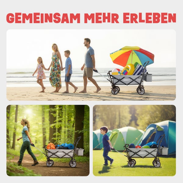 Faltbarer ONBEST Bollerwagen in Grau, genutzt von einer Familie am Strand, einer Frau im Wald und einem Kind auf einem Campingplatz.