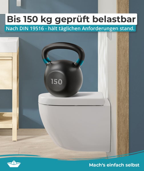 Wandhänge WC mit einer geprüften Belastbarkeit von 150 Kilogramm gemäß DIN 19516 Norm für hohe Stabilität im Badezimmer.