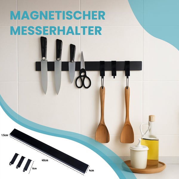 CHEFGASTRO Magnetleiste magnetische Messerleiste Messerhalter aus Metall | HxBxT 4x40x1,5cm | Inkl. 3 schwarze Haken | Schwarz |  extra stark magnetischer Messerstreifen zum Kleben oder Schrauben