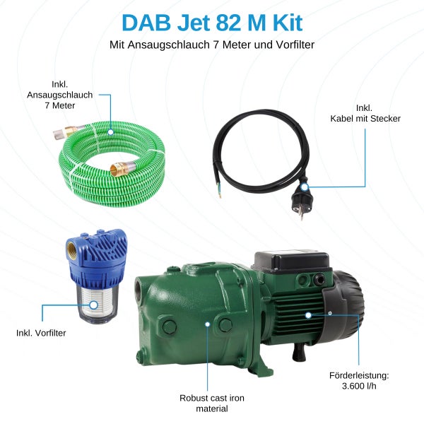 DAB Jet 82 M Kit mit Wasserpumpe aus Gusseisen, 7 Meter Ansaugschlauch, Vorfilter und Kabel mit Stecker. Förderleistung 3600 Liter pro Stunde.