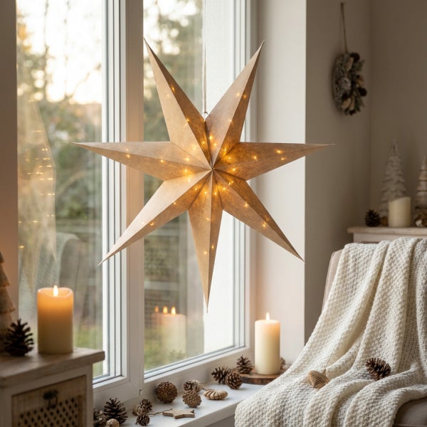 Beleuchteter Papierstern als Weihnachtsdeko vor einem Fenster, dekoriert mit Kerzen, Tannenzapfen und einer Wolldecke.