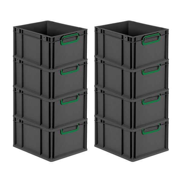 PROREGAL SuperSparSet 8x Eurobox NextGen Color, HxBxT 22x30x40cm, 20 Liter, Griffe grün geschlossen, Schwarz, Eurobehälter, Transportbox, Transportbehälter, Stapelbehälter