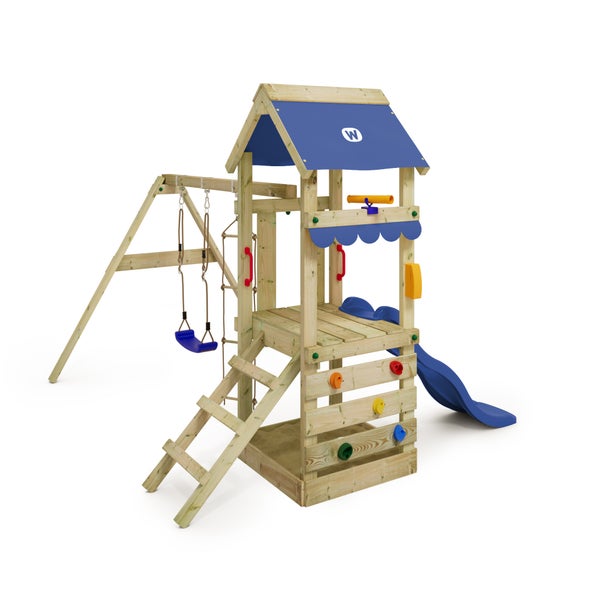 WICKEY Spielturm Klettergerüst FreshFlyer mit Schaukel und Rutsche, Kletterturm mit Sandkasten, Kletterleiter und Spiel-Zubehör - blau