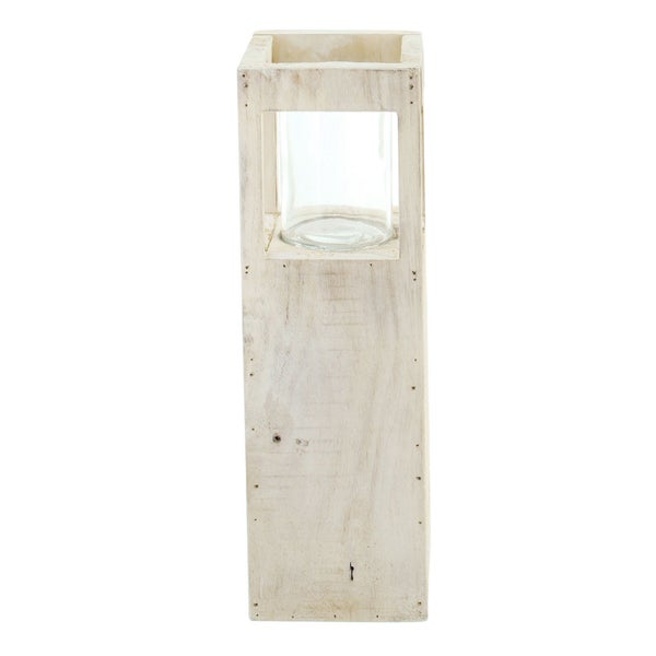FRANK FLECHTWAREN | Windlichtsäule Shabby-Charme, HOLZ, 15 x 15 x 50 cm, Glas Ø 10 x 15 cm, ohne Kerze