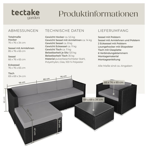 Rattan Lounge tectake Milano mit Sicherheitsglasplatte für 4 bis 5 Personen schwarz/grau