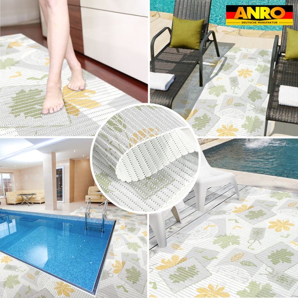 Teppich für Innen- und Außenbereich mit Blättermuster in Küche, auf Terrasse und am Pool. Detailansicht der Struktur. Anro Logo.