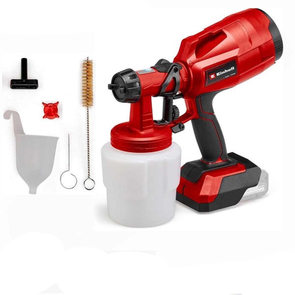 Einhell Akku Farbsprühsystem mit Zubehör, inklusive Farbbehälter, Reinigungsbürste und Trichter für Lacke und Lasuren.