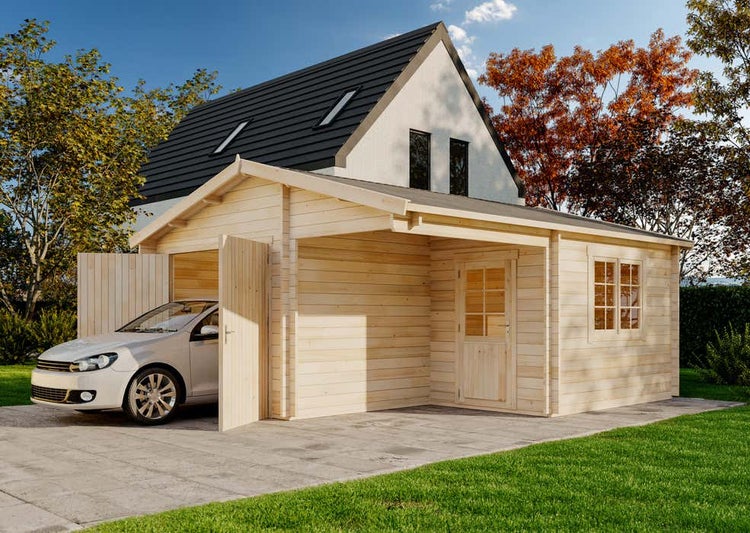 Alpholz Holzgarage Kalmar-44 ISO Garage aus Holz, Unterstellplatz mit 44 mm Wandstärke, Fertiggarage mit Montagematerial, Naturbelassen 5,2x5,7m