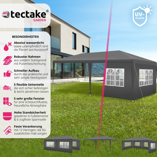 Pavillon tectake Vivara inklusive Spannseile und Heringe 6 x 3 m grau
