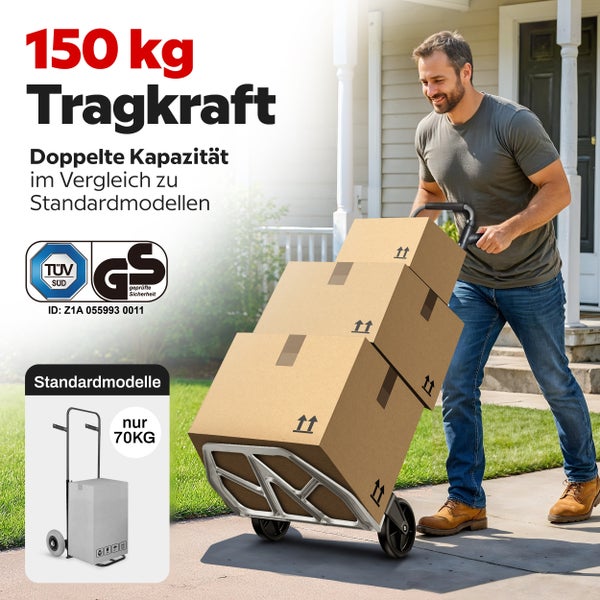 Mann schiebt Sackkarre mit drei großen Kartons, Tragkraft 150 Kilogramm, TÜV- und GS-geprüft.
