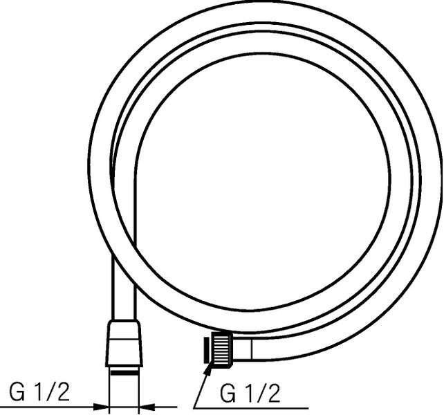 Technische Zeichnung eines flexiblen Brauseschlauchs mit zwei G ein halb Zoll Anschlüssen.