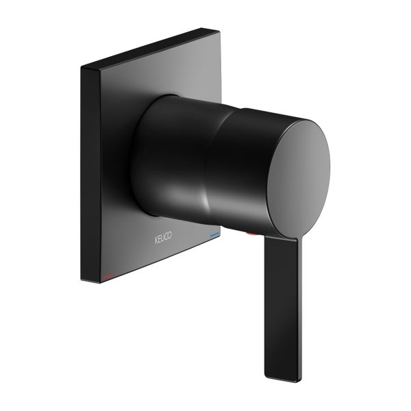 Keuco Unterputz-Einhebelmischer in Schwarz matt mit quadratischer Rosette und zylindrischem Hebel.