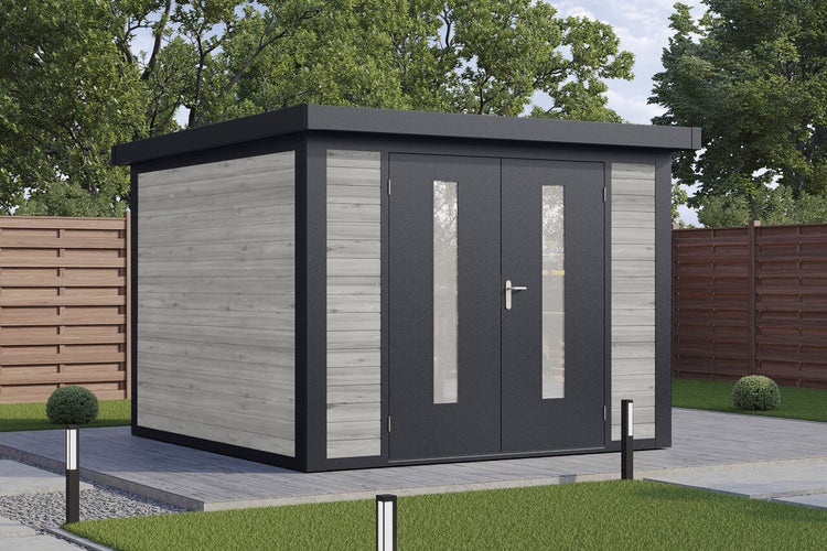 Modernes Gartenhaus mit Flachdach und Doppeltür mit Glaseinsätzen, Holzoptik Wände in einem Garten.