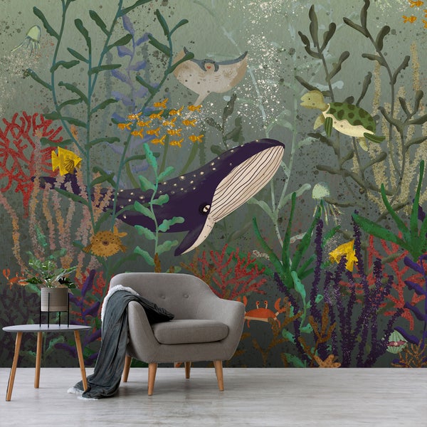 Illustrative Unterwasserwelt Tapete mit Wal, Rochen und Korallen