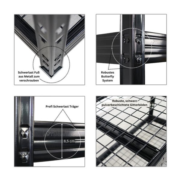 PROREGAL Mega Deal 5x Profi Schwerlastregal Rhino HxBxT 180x200x60cm 4 Gitterrost-Ebenen Fachlast 500kg Schwarz