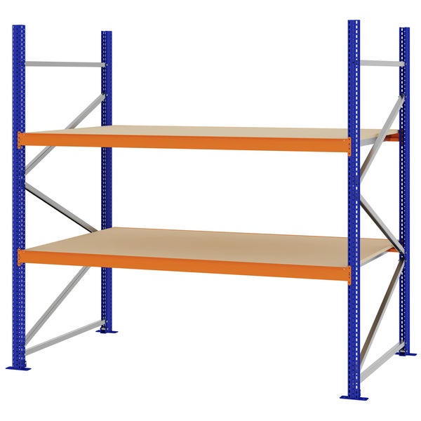 Weitspannregal aus Metall mit blauem Rahmen, orangefarbenen Traversen und zwei Holzböden.