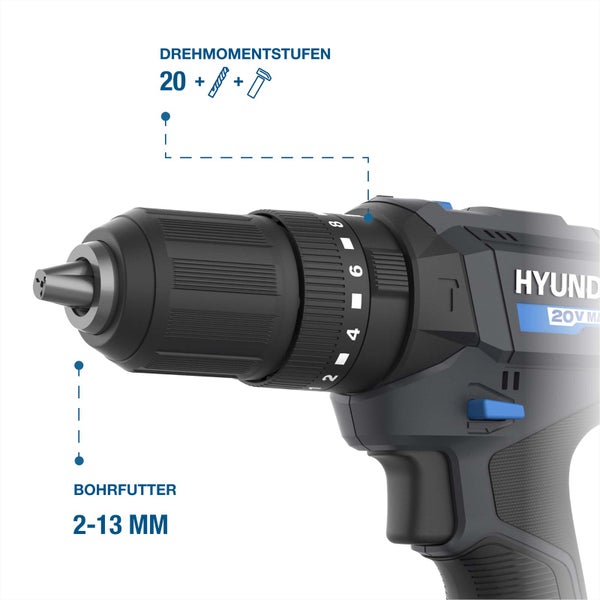 Hyundai Akku Bohrschrauber mit 20 Drehmomentstufen plus Bohrstufe und 2 bis 13 Millimeter Bohrfutter.