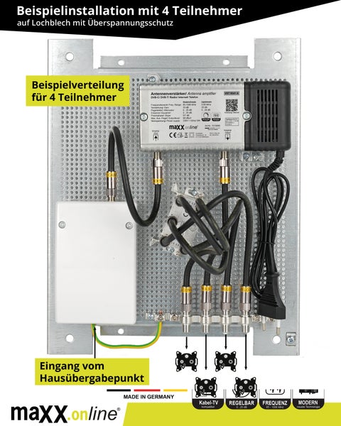 Antennenverstärker mit Überspannungsschutz und Kabelanschlüssen auf Lochblech montiert