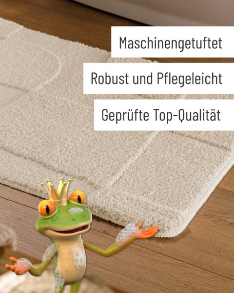 Maschinengetuftete, robuste und pflegeleichte Badematte in geprüfter Top-Qualität auf Holzboden.