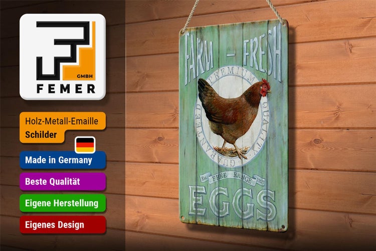 Blechschild Spruch 20x30cm Huhn Farm fresh Eggs free range