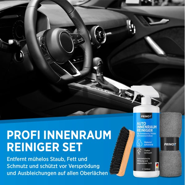 Prinox® Profi Auto Innenraum Reiniger Set 500ml - Cockpitpflege Auto für die Innen Reinigung von Kunststoff, Polster, Leder & Armaturen - Autopflege Innenraumreiniger mit Bürste - Cockpit Reiniger