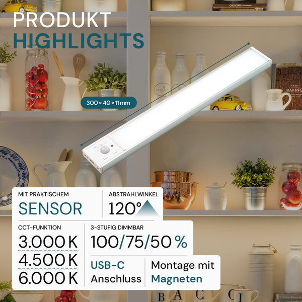 LED Unterbauleuchte mit Sensor, 300 x 40 x 11 Millimeter, 120 Grad Abstrahlwinkel, 3000 Kelvin, 4500 Kelvin, 6000 Kelvin, 3-Stufig dimmbar, USB-C Anschluss, Magnetmontage