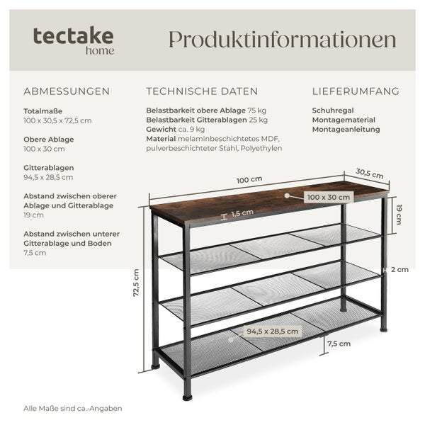 Produktinformationen Schuhregal mit Maßen und Materialangaben