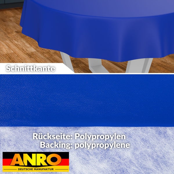 Blaue Tischdecke aus Polypropylen, Detailansicht Schnittkante, Oberflächenstruktur und Vlies-Rückseite. ANRO Deutsche Manufaktur Logo.