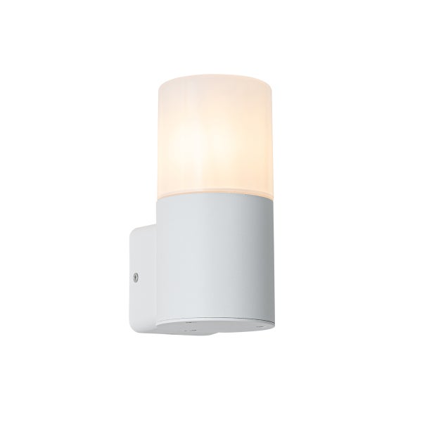 Zylindrische Außenwandleuchte in Weiß mit einem lichtdurchlässigen Diffusor aus Glas und warmem Lichtschein.